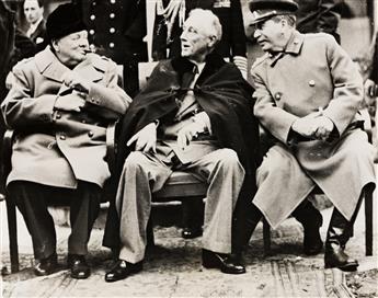 (THE BIG THREE--YALTA) Suite of 3 photographs depicting Winston Churchill, Josef Stalin, and Franklin D. Roosevelt at the transformativ
